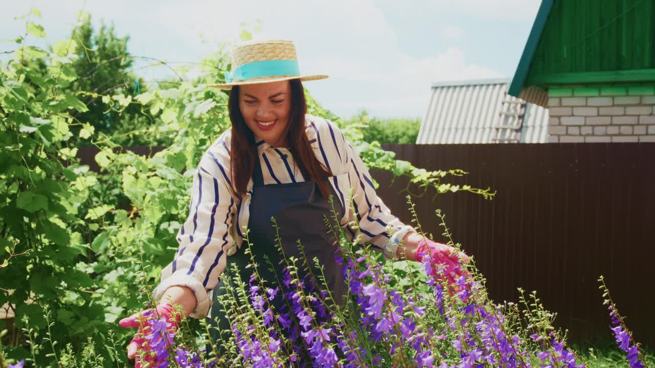 Woman Gardening with Purple Flowers
