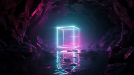 cubo brillante de neón en una cueva
