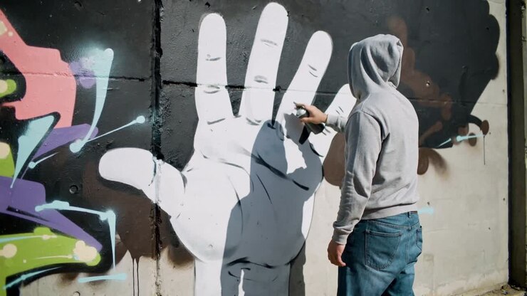 Uomo con felpa grigia e jeans blu che delinea e sfuma con la mano un murale su parete di cemento con bomboletta spray, spazio copia.