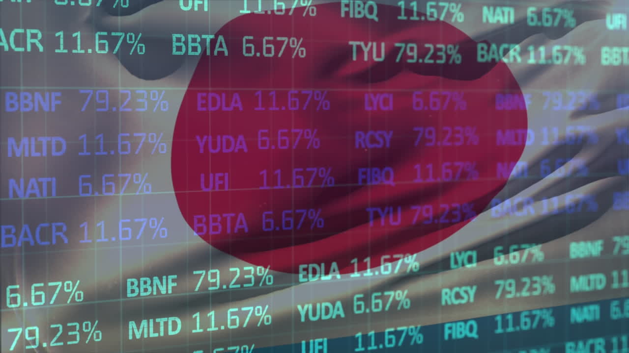 Animation of financial data processing over flag of japan