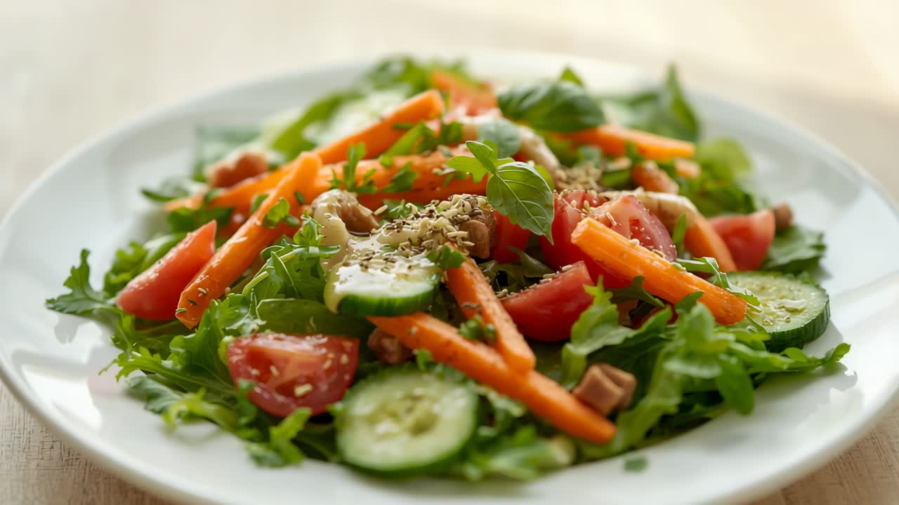 Camera starting moving closer to ceramic plate with salad on table, shifting focus to reveal detail