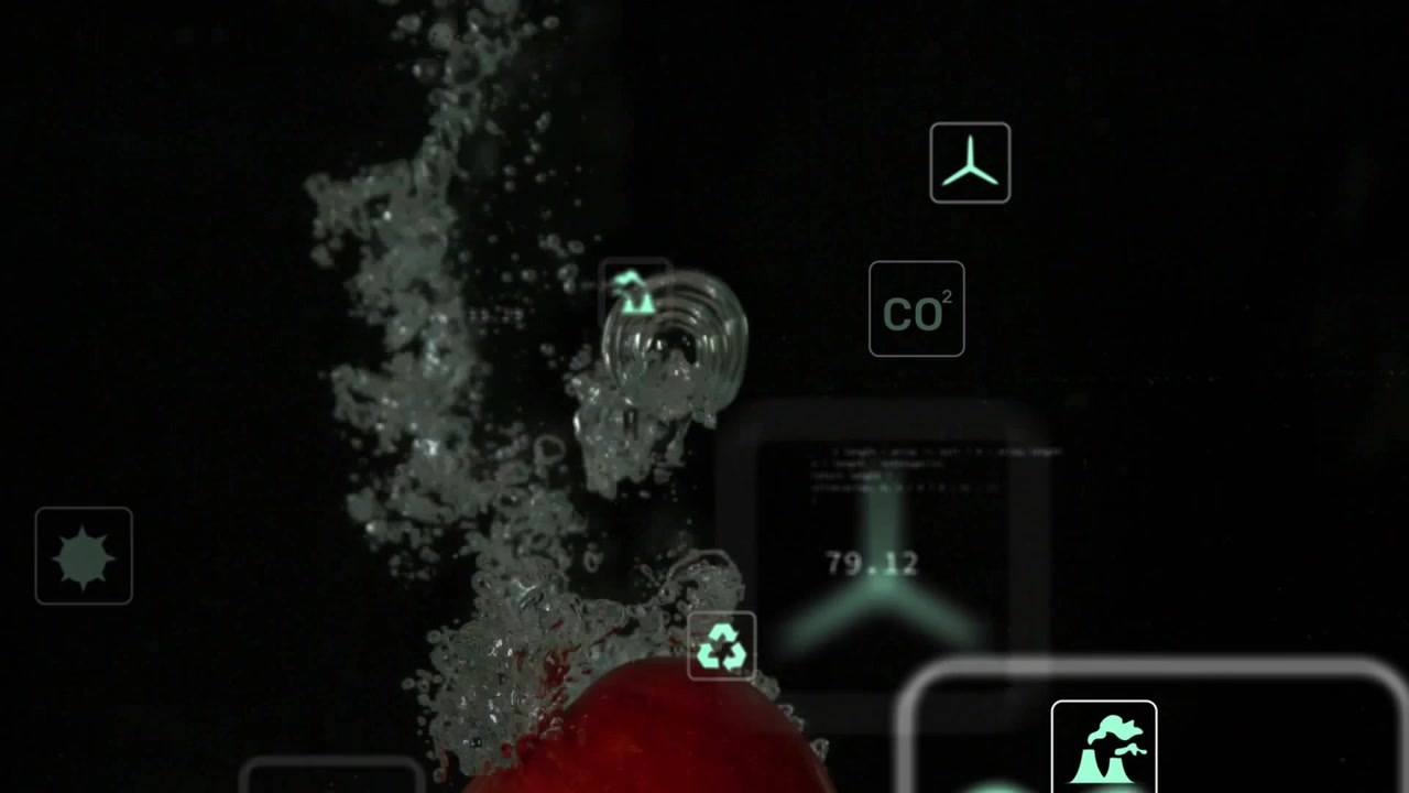 Bubble column starting red fruit entering water, fruit sinking, icons floating and showing metrics