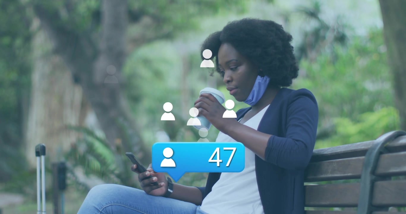 Woman sitting bench tapping phone with cup while blue bubble appearing, tracking marketing metrics