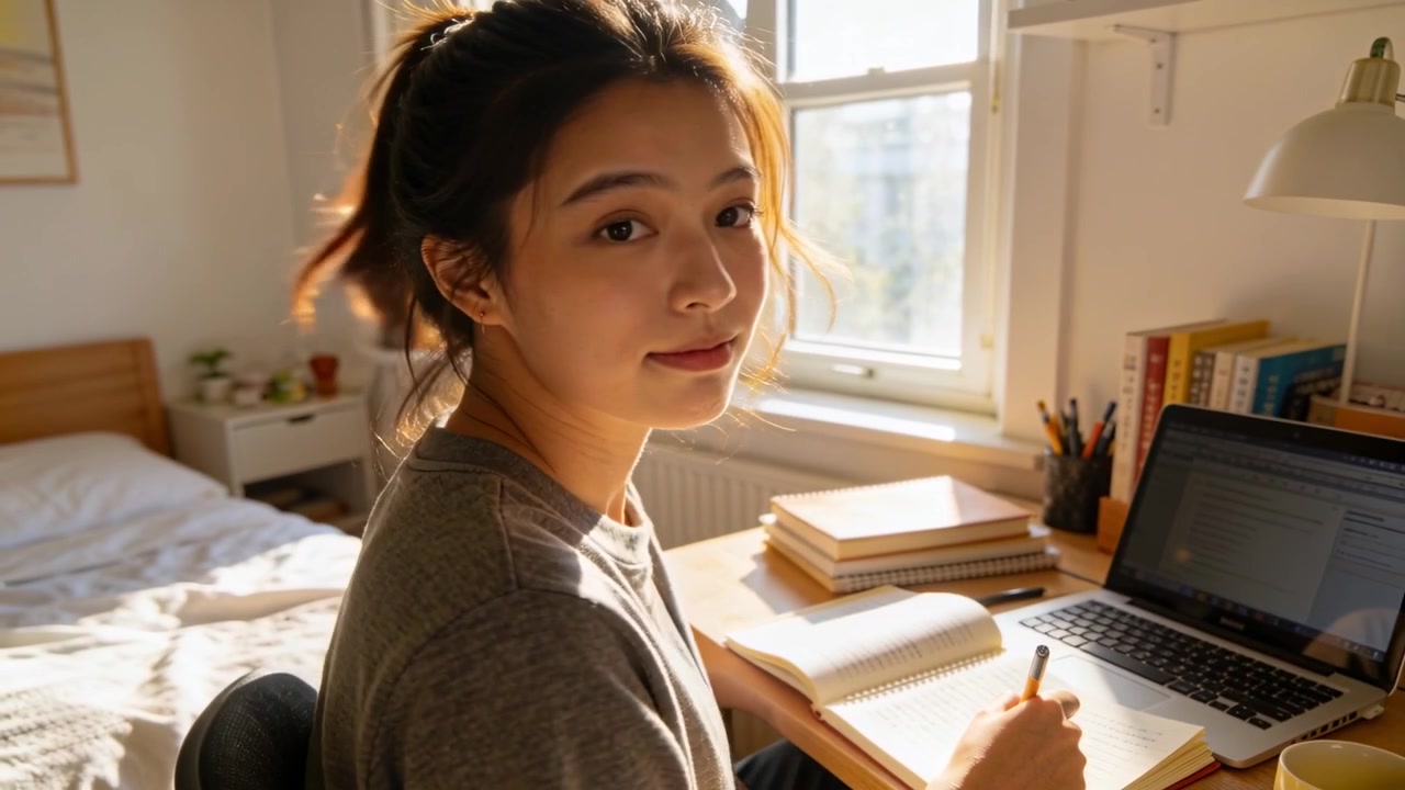 En studerende student i grå t-skjorte ved soveromspulten med sollys som strømmer inn, skriver i en notatbok mens hun bruker en bærbar PC.