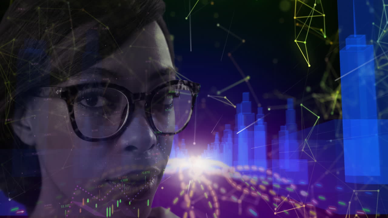 mujer con gafas contra modelo de ciudad 3d sobre fondo azul