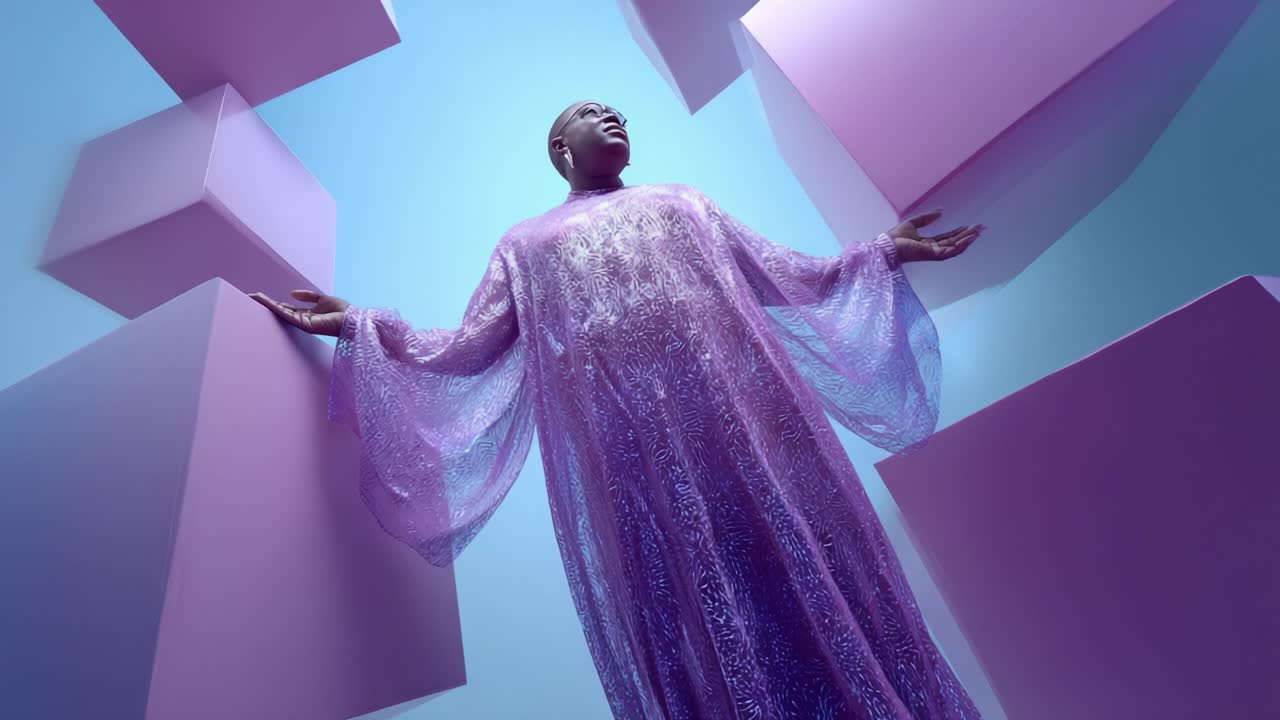 A striking visual contrast of form and color, showcasing an elegantly dressed figure in a shimmering purple attire surrounded by geometric shapes in a serene blue background