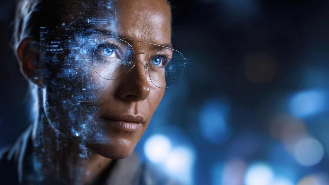 Futuristisk Portræt af en Kvinde med Glødende Digitale Elementer, der Fremviser en Blanding af Teknologi og Menneskelighed i et Mørkt, Æterisk Miljø