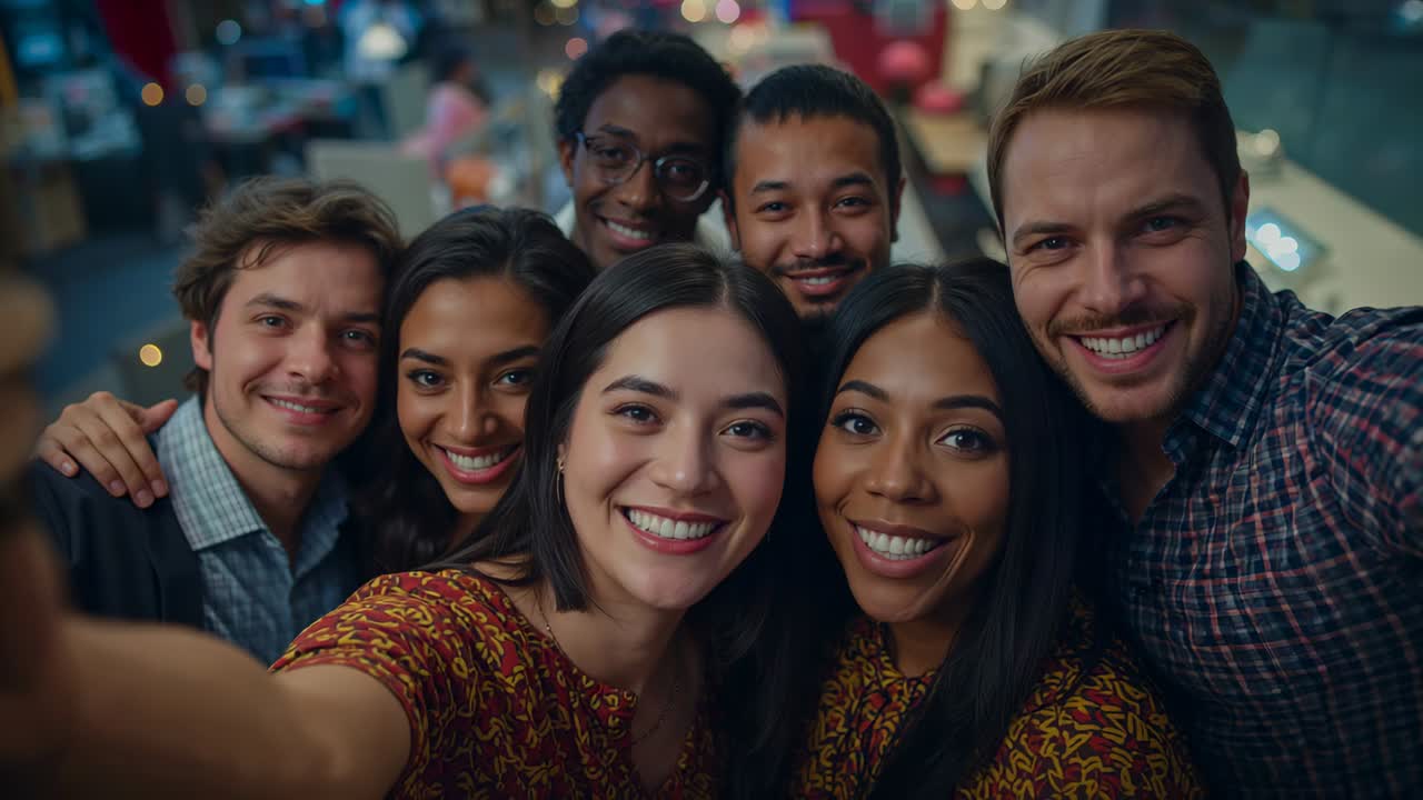 Forming huddle six friends holding phone at airport lounge for selfie with staff passing
