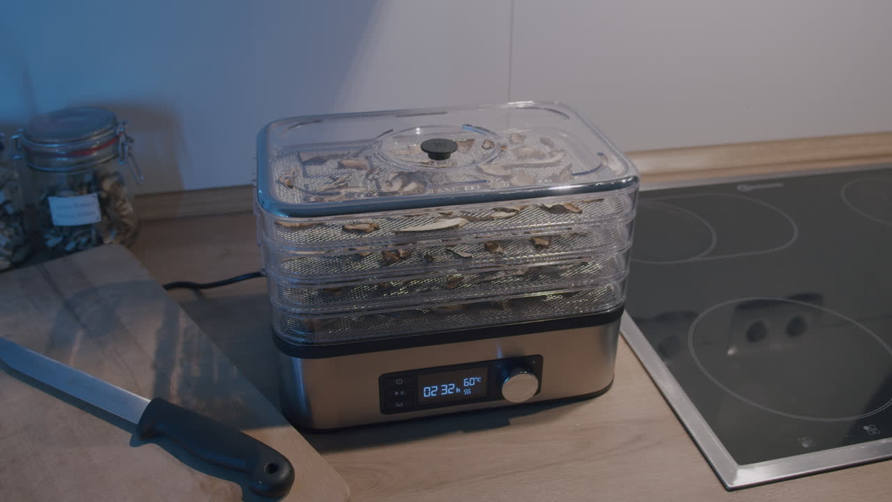 Mushroom Drying Time-Lapse with Dehydrator in Kitchen