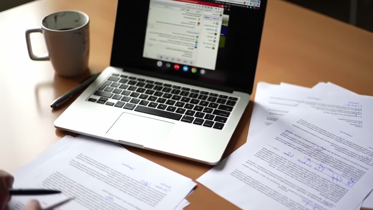 Document Review and Digital Communication: A Focused Workspace with Papers, Laptop, and Coffee for Productive Work Sessions