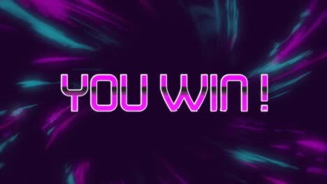 animation of you win text over colorful moving lights on dark background