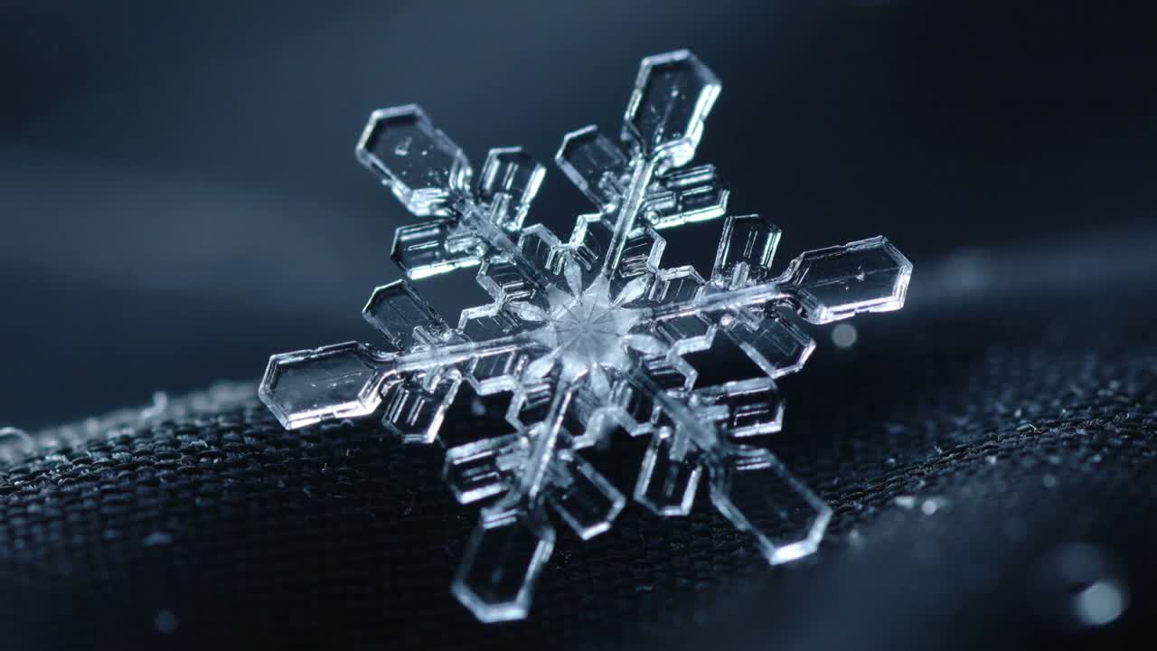 Rotating hexagonal snowflake shifting during camera pan on dark woven textile, revealing facets
