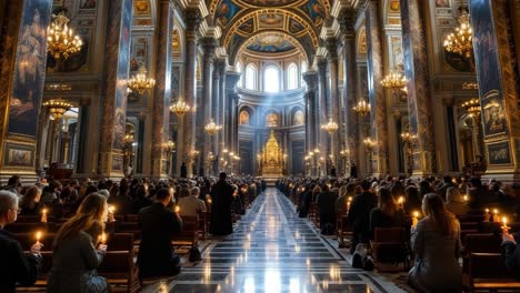 candlelit worshippers standing in ornate cathedral, radiating reverent spiritual ambiance during religious service