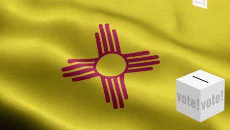 state of new mexico - ballots fly to box for new mexico  selection - ballot box in front of flag - election - vote - national flag new mexico state wave pattern loopable elements - fabric texture and endless loop - new mexico state loopable flag