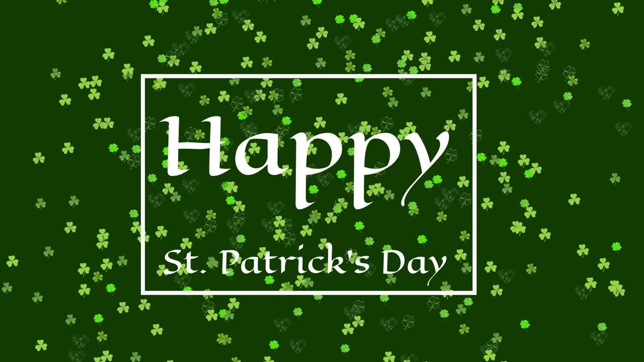 White frame drawing, Happy scaling and St Patrick's Day subtitle appearing, shamrocks drifting