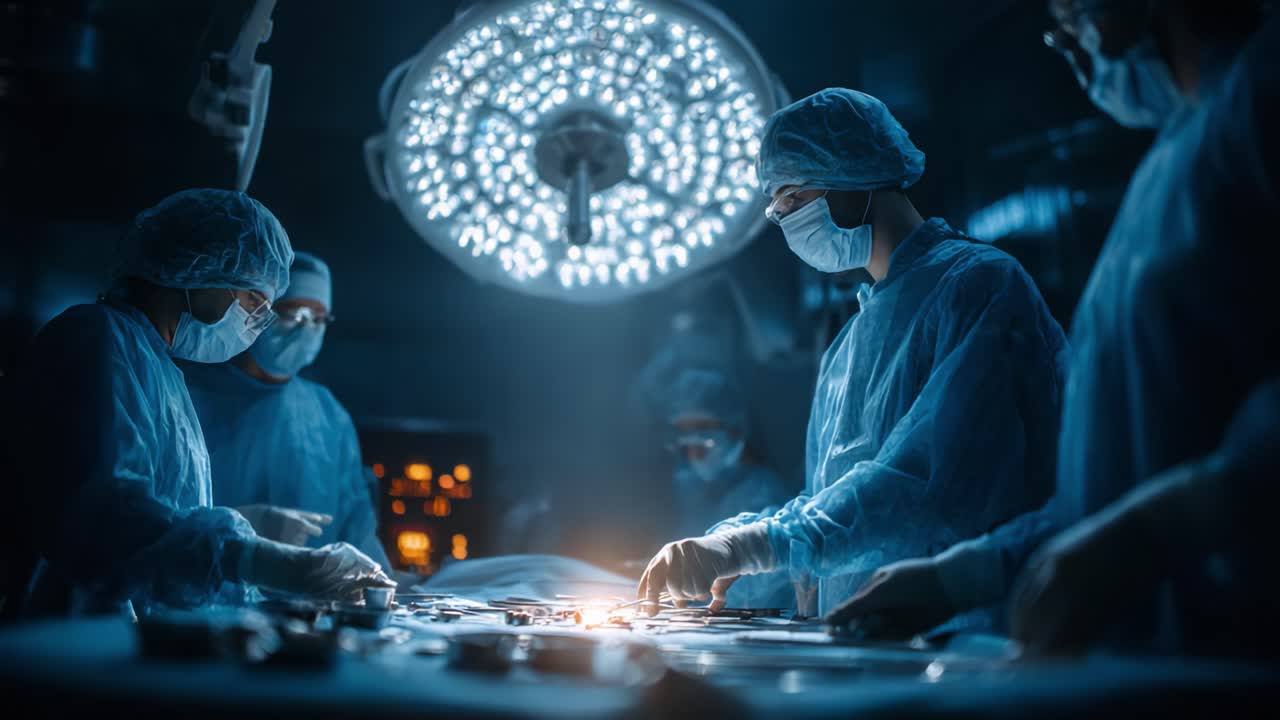 Intense Surgical Procedure: A Team of Medical Professionals Engaged in a Critical Operation Under Bright Surgical Lights in a Sterile Environment