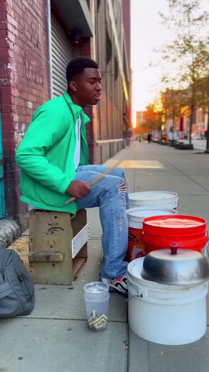 Artista di strada suona batteria improvvisata in un vivace contesto urbano, ripreso con un angolo video dinamico
