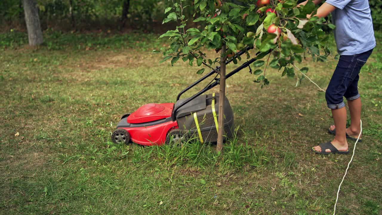 Red lawn mower in the garden. Boy is cutting grass by electrical mower machine outdoors.