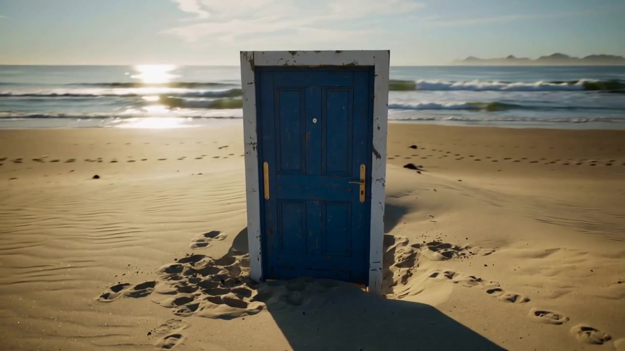 Câmera em movimento centralizando uma porta de madeira azul na praia, enfatizando a entrada, mostrando a maçaneta e pegadas.