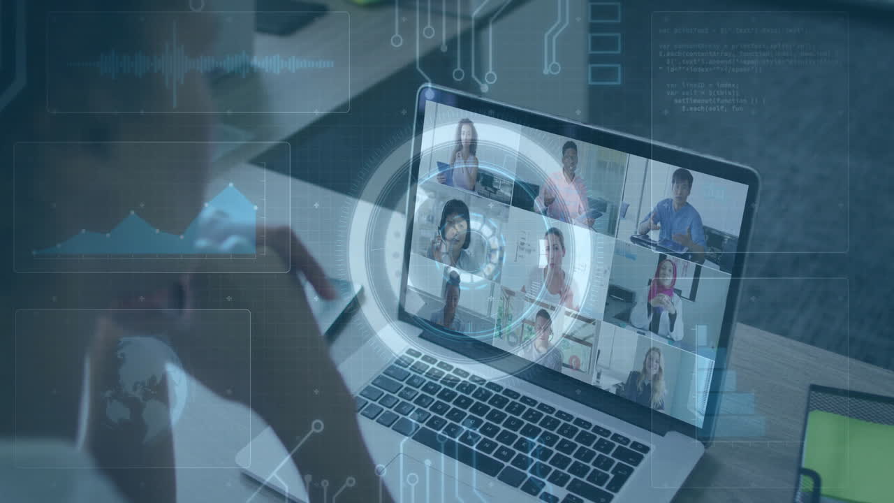 Video call interface on laptop screen with digital data processing animation overlay