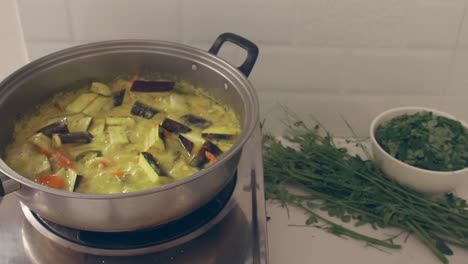 Ambient-motion-of-a-pot-of-simmering-ginataang-gulay-or-coconut-milk-vegetable-stew,-an-authentic-traditional-Filipino-dish