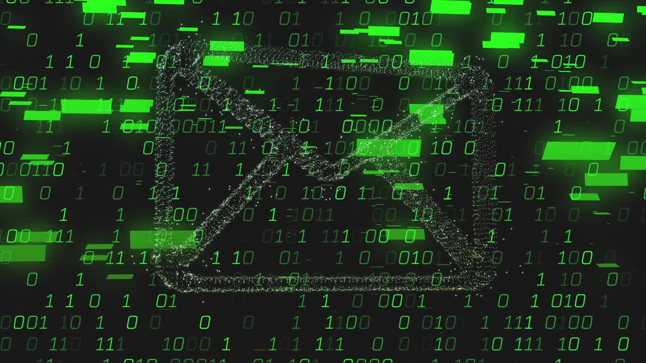 Email icon with binary code animation over green digital background