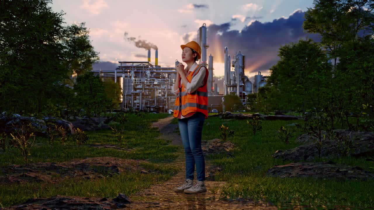 Full Body Side View Of Asian Female Engineer With Safety Helmet Pray For Something While Standing In Front Of Oil Refinery