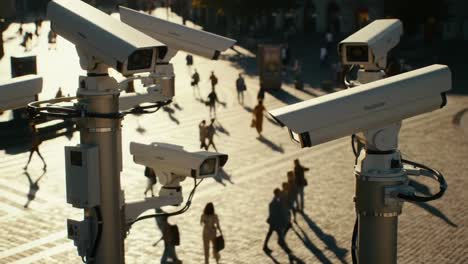 surveillance technologies: aerial perspective on security cameras monitoring crowds in urban settings during the golden hour of late afternoon