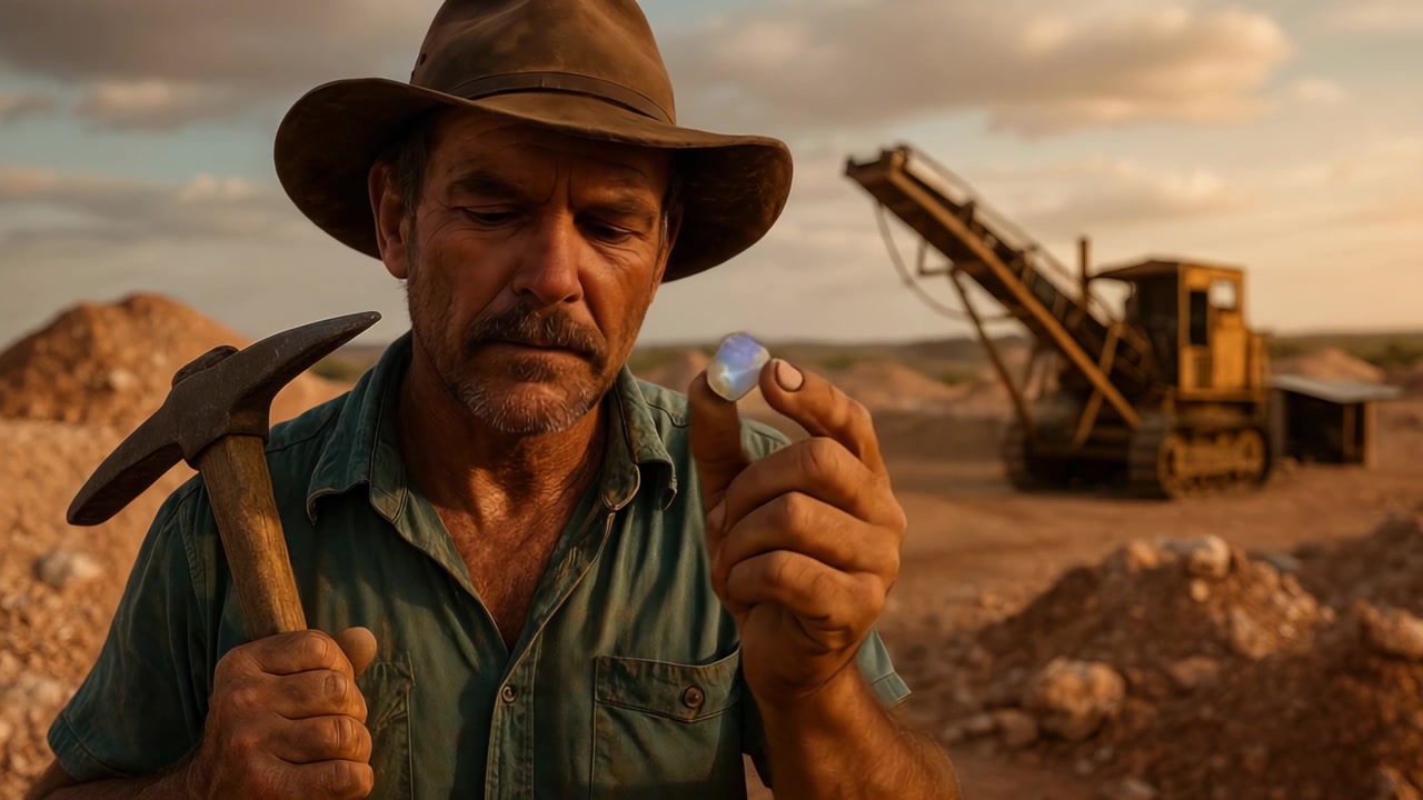 Cercatore che tiene in mano una gemma di opale scintillante in una miniera nel deserto
