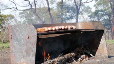 pork sausages cooking on an open fire barbecue