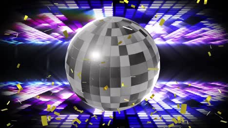 animación de confeti dorado cayendo sobre la bola de espejo y luces de discoteca púrpura y azul.