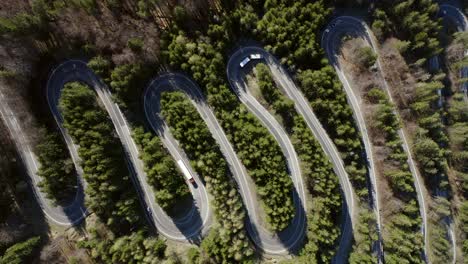 static bird's eye of semi trucks driving winding road of bratocea pass, romania