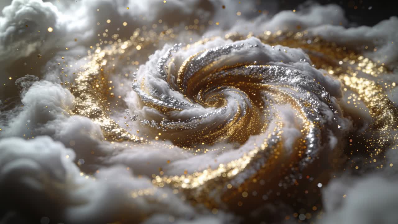 Spirale rotante di pennacchi con la telecamera che si avvicina, rivelando profondità nel vuoto oscuro, scintillante d'oro.