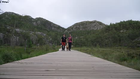 couple walking with dog on a wooden path in scenic norwegian nature