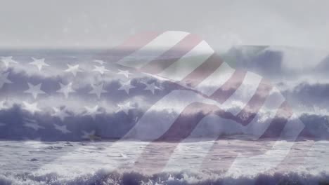 Animation-of-flag-of-america-waving-over-waves-breaking-in-sea