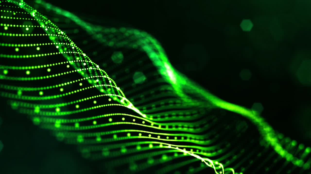 4k looped sci-fi green background with bokeh and light effects. Glow green color particles form lines, surfaces, string structures as virtual space or hologram for HUD screen. 10