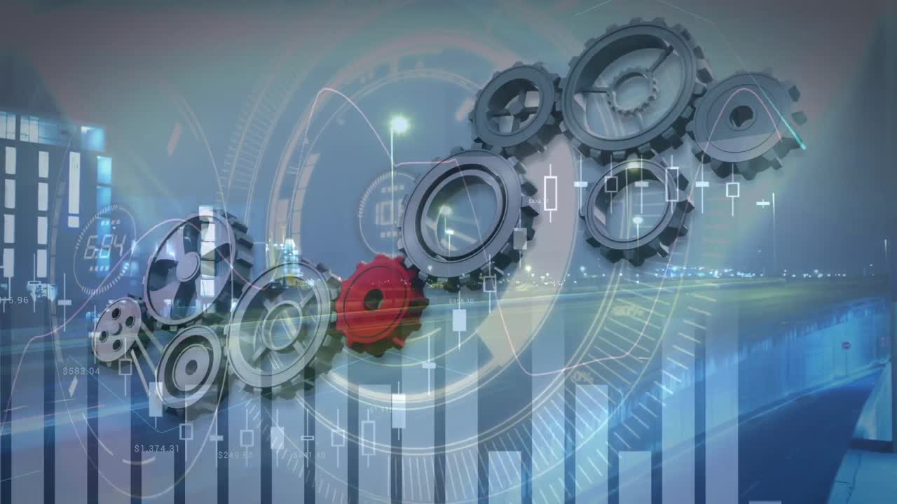 animación del procesamiento de datos financieros sobre el paisaje urbano y los engranajes móviles