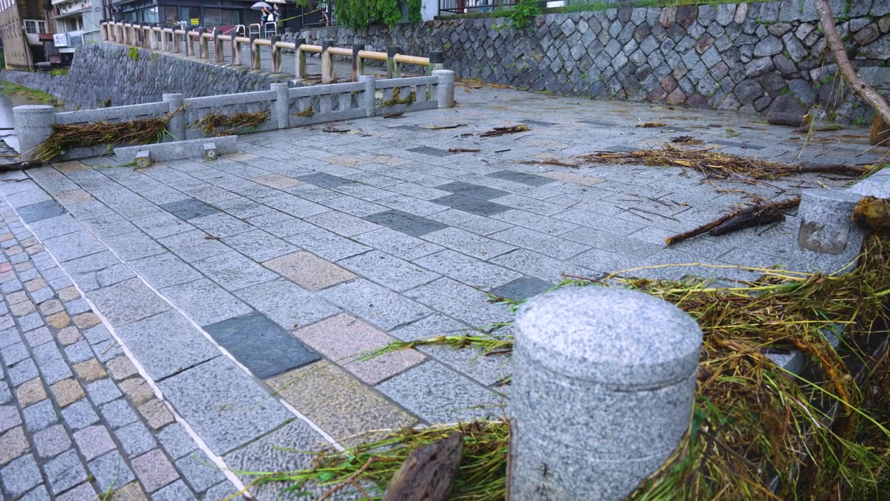 Debris and Destruction on Kyoto Bridge, Flood Damage During Typhoon