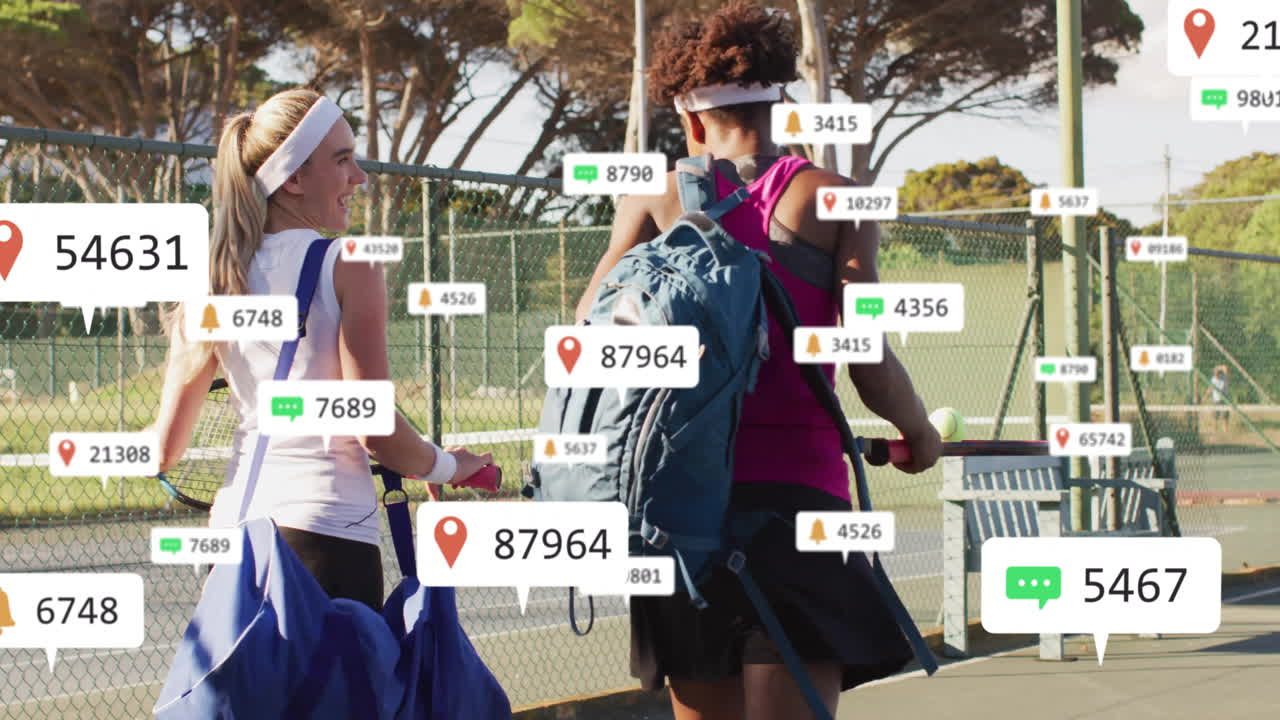 Two female tennis players walking along hard court, showing floating sports tech notification icons