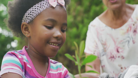 Glückliche-ältere-Afroamerikanische-Großmutter-Mit-Enkelinnen,-Die-Im-Garten-Arbeiten