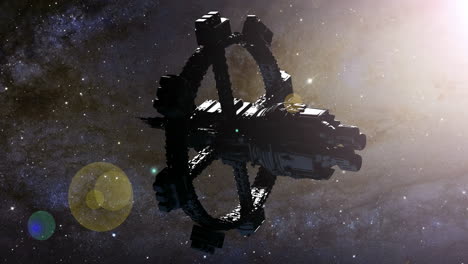 a large futuristic spaceship orbits silently in the depths of space