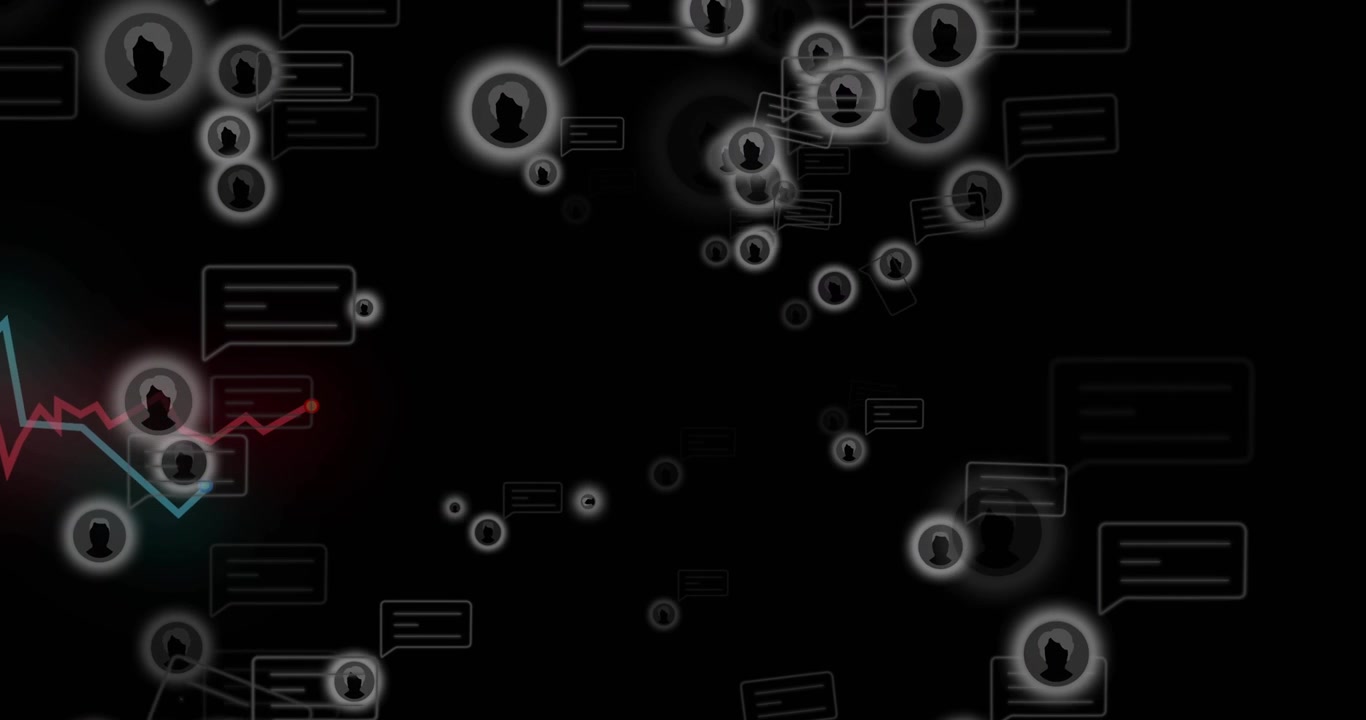 Vertical video: Data driving avatars, chat bubbles drifting on black field, cyan or red trends pulsi