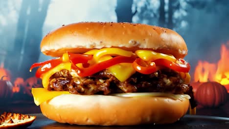 close up de una hamburguesa a la parrilla con queso y ketchup contra un fondo ardiente de halloween. decoraciones de calabaza y llamas crean un ambiente espeluznante