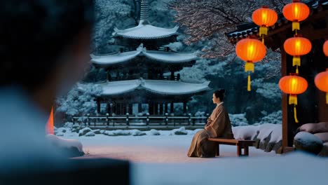 woman in traditional attire sits in a snow-covered park with a temple in the background