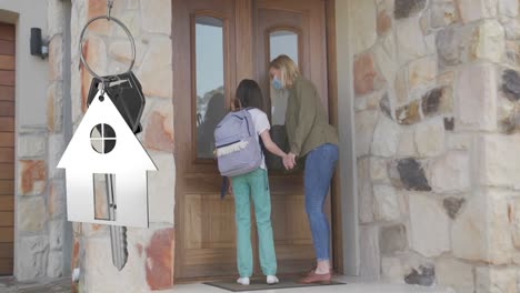 animation of keys over caucasian woman and her daughter wearing face masks opening door