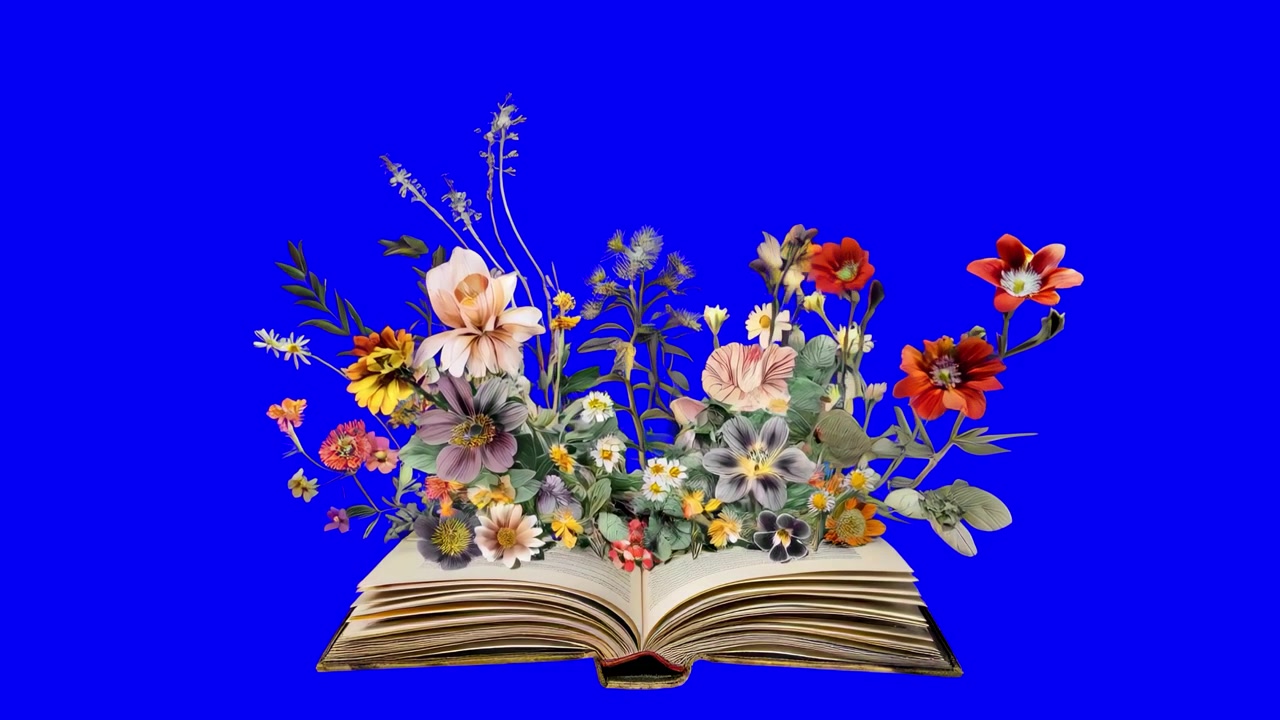 Libro aperto con vibranti fiori selvatici che crescono dalle pagine su sfondo blu