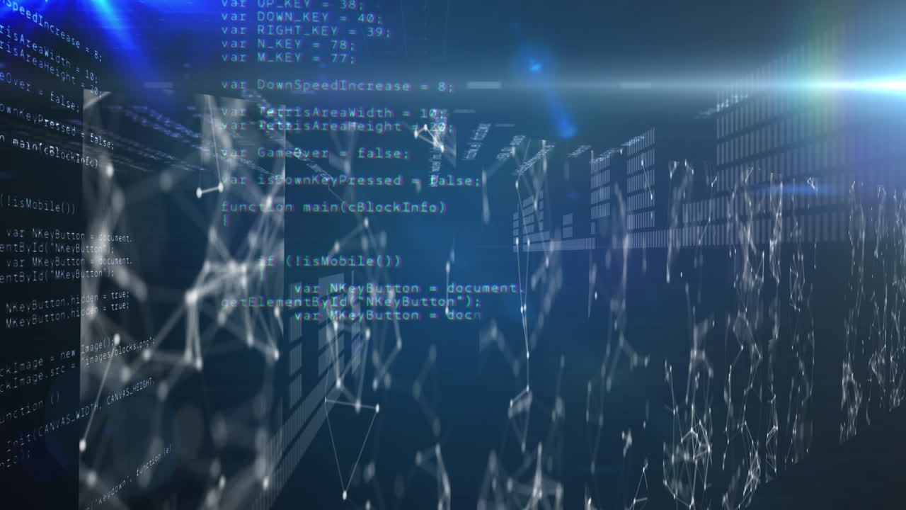 Animation of network of connections over data processing on black background