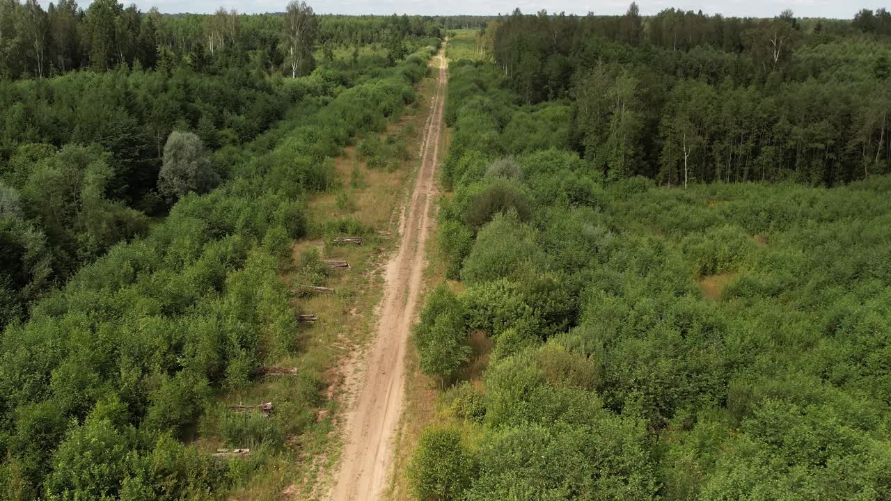 Overgrown railway line surrounded by dense greenery, with a dirt path alongside and a small village nearby under a cloudy sky
