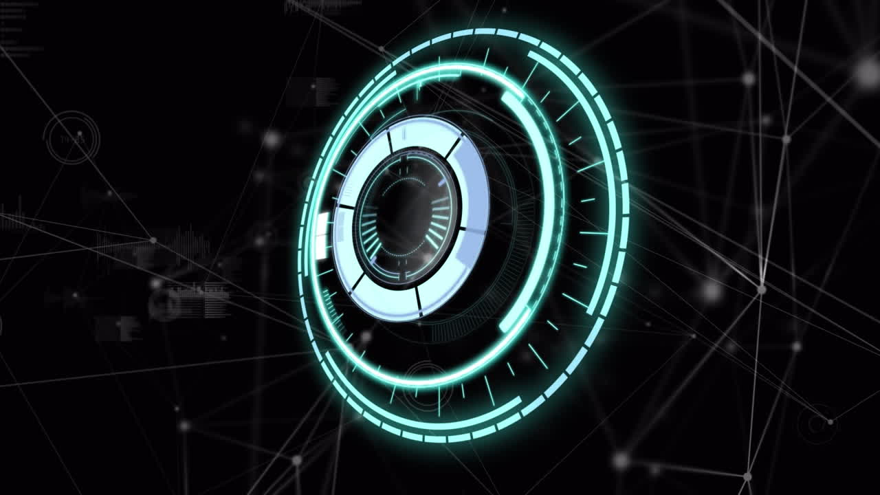 Digital animation of round scanner against network of connections on black background