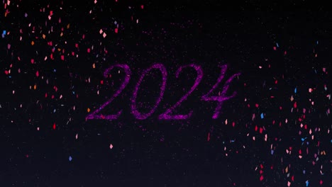 Animation-Von-2024-Text-In-Rosa-Und-Neujahrsfeuerwerk,-Das-Am-Nachthimmel-Explodiert